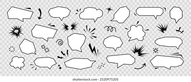 Hand drawn anime manga doodle line elements set. Collection of graphic effects for character emotion, speech bubble. Vector illustration of express shape, anime movement on transparent background 