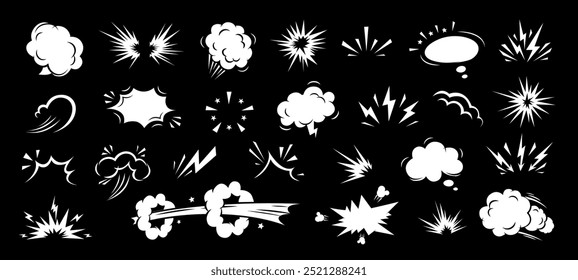 Hand drawn anime manga doodle line elements set. Collection of graphic effects for character emotion, speech bubble. Vector illustration of express shape, anime movement on black background 