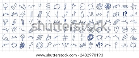 Hand drawn anime manga effect set on checkered sheet. Manga collection of arrows, sparkles, expression signs. Vector illustration.