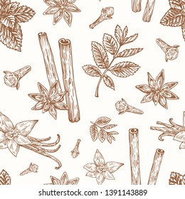 Hand Drawn Anise, Mint, Cinnamon, Clove and Vanilla Vector Seamless Background Pattern. Spices Sketches Card or Cover Template.