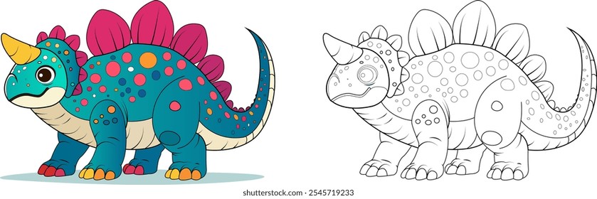 Hand drawn Ankylosaurus Dinosaur for coloring book, vector illustrations for kids. Anti-stress coloring for kids and children. Dinosaur in two versions, colored and black and white