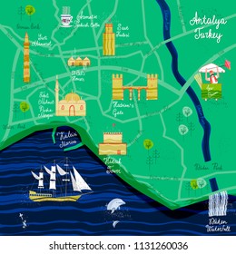 Hand drawn Antalya cartoon map. Postcard concept with the most interesting places for visit.