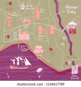 Hand drawn Antalya cartoon map. Postcard concept with the most interesting places for visit.