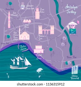 Hand drawn Antalya cartoon map. Postcard concept with the most interesting places for visit.