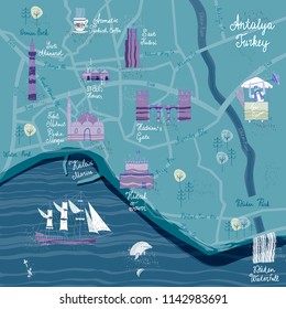 Hand drawn Antalya cartoon map. Postcard concept with the most interesting places for visit.