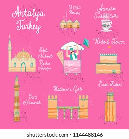 Hand drawn Antalya cartoon map. Postcard concept with the most interesting places for visit.