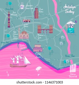 Hand drawn Antalya cartoon map. Postcard concept with the most interesting places for visit.