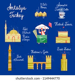 Hand drawn Antalya cartoon map. Postcard concept with the most interesting places for visit.