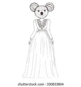 Hand drawn anthropomorphic koala. Can be used to design for wedding invitation, card, poster. Vector fashion illustration. 