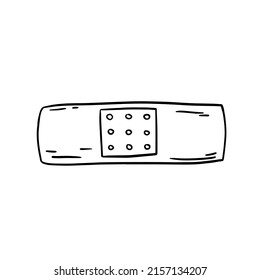 Hand drawn antibacterial sticky plaster hand drawn in black and white doodle sketchy style isolated on white background. firs aid of a wound