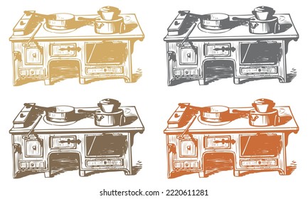 Hand Drawn Antique Cast Iron Stove Vector illustration. Wood Burning Stove
