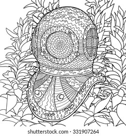 Hand drawn antique divers helmet and algae. Coloring pages for adult in zenart style. Antistress coloring page with marine element. Vector illustration