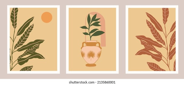 Hand Drawn Antique Greek Vase And Amphora With Botanical Floral Ornament. Antique Pastel Aesthetic Ceramic Amphora With Palm Ornament And Tropical Leaves. Boho Wall Art Poster Design