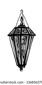 Hand drawn antique hanging lantern. Vector black ink drawing isolated on white background. Graphic traditional lamp illustration.