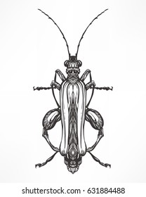 Hand drawn antique Insect beetle. Isolated on white. Vector illustration. Decorative graphic  Art Nouveau style.Engraving romantic. Element for print, design tattoo art, adult coloring page.