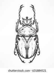 Hand drawn antique Insect beetle. Isolated on white. Vector illustration. Decorative graphic  Art Nouveau style.Engraving romantic. Element for print, design tattoo art, adult coloring page.