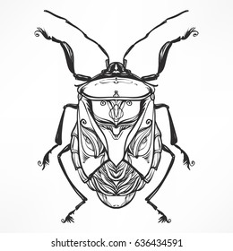 Hand drawn antique Insect beetle. Isolated on white. Vector illustration. Decorative graphic  Art Nouveau style.Engraving romantic. Element for print, design tattoo art, adult coloring page.