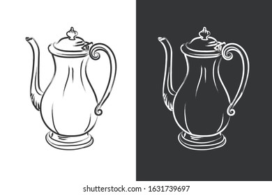 Hand drawn antique kettle, sketches isolated black and white graphic design. Vector illustration.