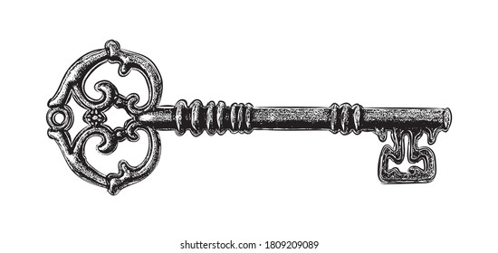 Hand drawn antique key. Sketch style of vintage key on white background. Old design illustration. Vector.