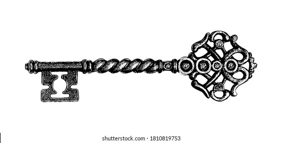 Hand drawn antique key. Sketch style of vintage key on white background. Old design illustration. Vector. - Shutterstock ID 1810819753