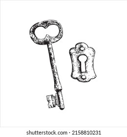 Hand drawn antique key. Sketch style of vintage key on white background. Old design illustration. Vector.