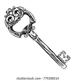 Hand drawn antique key. Sketch style of vintage key on white background. Old design illustration. Vector.