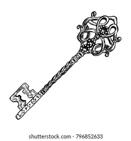 Hand drawn antique key. Sketch style of vintage key on white background. Old design illustration. Vector.