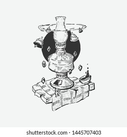 Hand drawn antique lamp. Retro style, Vintage style. Doodle line graphic design. Black and white drawings, Vector sketch. - Vector