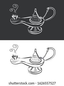 Hand drawn antique lamp, Sketches isolated. Black and white graphic design. Vector illustration.