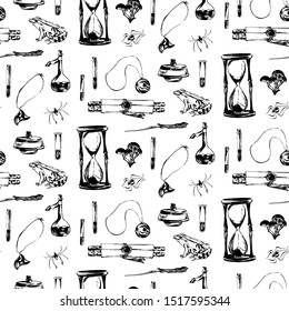 Hand drawn antique magic seamless pattern. Vector sketch endless illustration with amulet, hourglass, scroll, spider, frog. Halloween party retro grunge style background painted by ink.