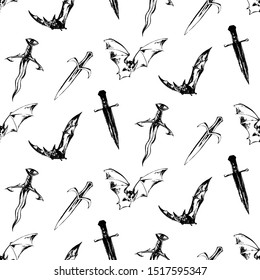 Hand drawn antique magic seamless pattern. Vector sketch endless illustration with bats, ancient swords and daggers. Halloween party retro grunge style background painted by ink.