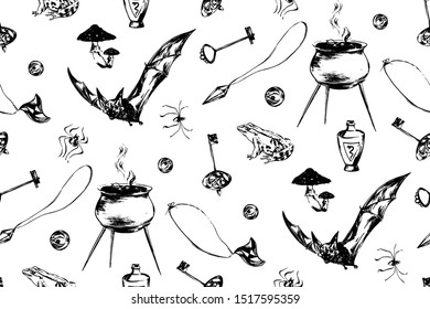 Hand drawn antique magic seamless pattern. Vector sketch endless illustration with poison, pot of potion, spider, bat, mushrooms, frog. Halloween party retro grunge style background painted by ink.