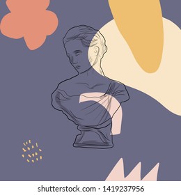 Hand drawn antique sculpture in modern linear style. Texture with pastel colors brush strokes, ink shapes. Trendy graphic composition. 