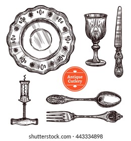 Hand drawn antique silver cutlery set with vintage spoon fork plate glass and knife isolated vector illustration