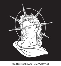 Hand drawn antique style greek and roman god Apollo with sun rays around his head. Flash tattoo or print design vector illustration