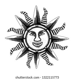 Hand drawn antique style sun with face of the human like. Anthropomorphic flash tattoo or print design Vector.