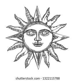 Hand drawn antique style sun with face of the human like. Anthropomorphic flash tattoo or print design Vector.