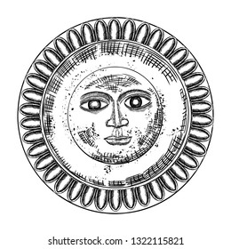 Hand drawn antique style sun with face of the human like. Anthropomorphic flash tattoo or print design Vector.