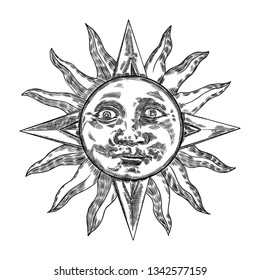 Hand drawn antique style sun with face of the human like. Anthropomorphic flash tattoo or print design Vector.