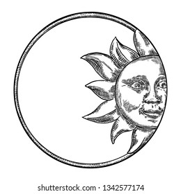 Hand drawn antique style sun with face of the human like. Anthropomorphic flash tattoo or print design Vector.