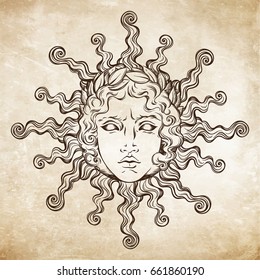 Hand drawn antique style sun with face of the greek and roman god Apollo. Flash tattoo or print design vector illustration.