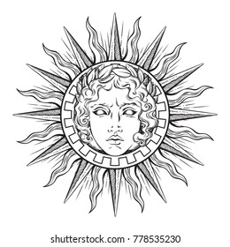 Hand drawn antique style sun with face of the greek and roman god Apollo. Flash tattoo or print design vector illustration.