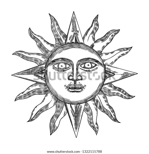 Hand Drawn Antique Style Sun Face Stock Vector Royalty Free 1322115788