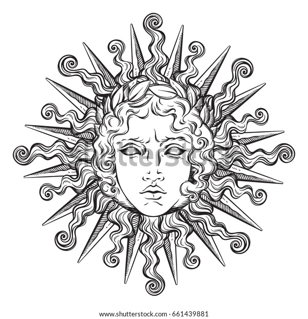 ギリシャとローマの神アポロの顔を持つ手描きの古風な太陽 Flashタトゥーまたはプリントデザインベクターイラスト のベクター画像素材 ロイヤリティ フリー