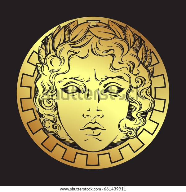 ギリシャとローマの神アポロの顔を持つ手描きの古風な太陽 Flashタトゥーまたはプリントデザインベクターイラスト のベクター画像素材 ロイヤリティフリー