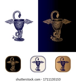 Hand drawn antique vintage style vector illustration. Medical snake with wings around bowl, cup. Caduceus symbol for drugstore, doctor, pharmacy, first aid, healthcare center, clinic logo, poster