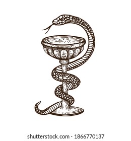 Hand Drawn Antique Vintage Style Vector Illustration. The Hygea Vessel Is One Of The Symbols Of Pharmacy Medical Snake Around Bowl, Cup. Caduceus Symbol For Drugstore, Doctor, First Aid, Healthcare