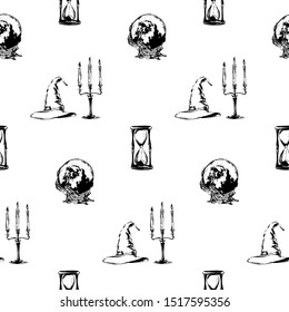 Hand drawn antique witchcraft seamless pattern. Vector sketch endless illustration with wizard hat, magic ball, candlestick and hourglass. Halloween party retro grunge style background painted by ink.