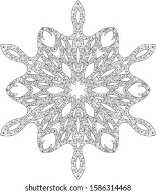 Hand drawn antistress snowflake with editable line. Template for cover, poster, t-shirt or tattoo. Winter coloring pages for adult art therapy. Vector illustration.