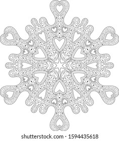 Hand drawn antistress snowflake with editable line. Template for cover, poster, t-shirt or tattoo. Winter coloring pages for adult art therapy. Vector illustration.